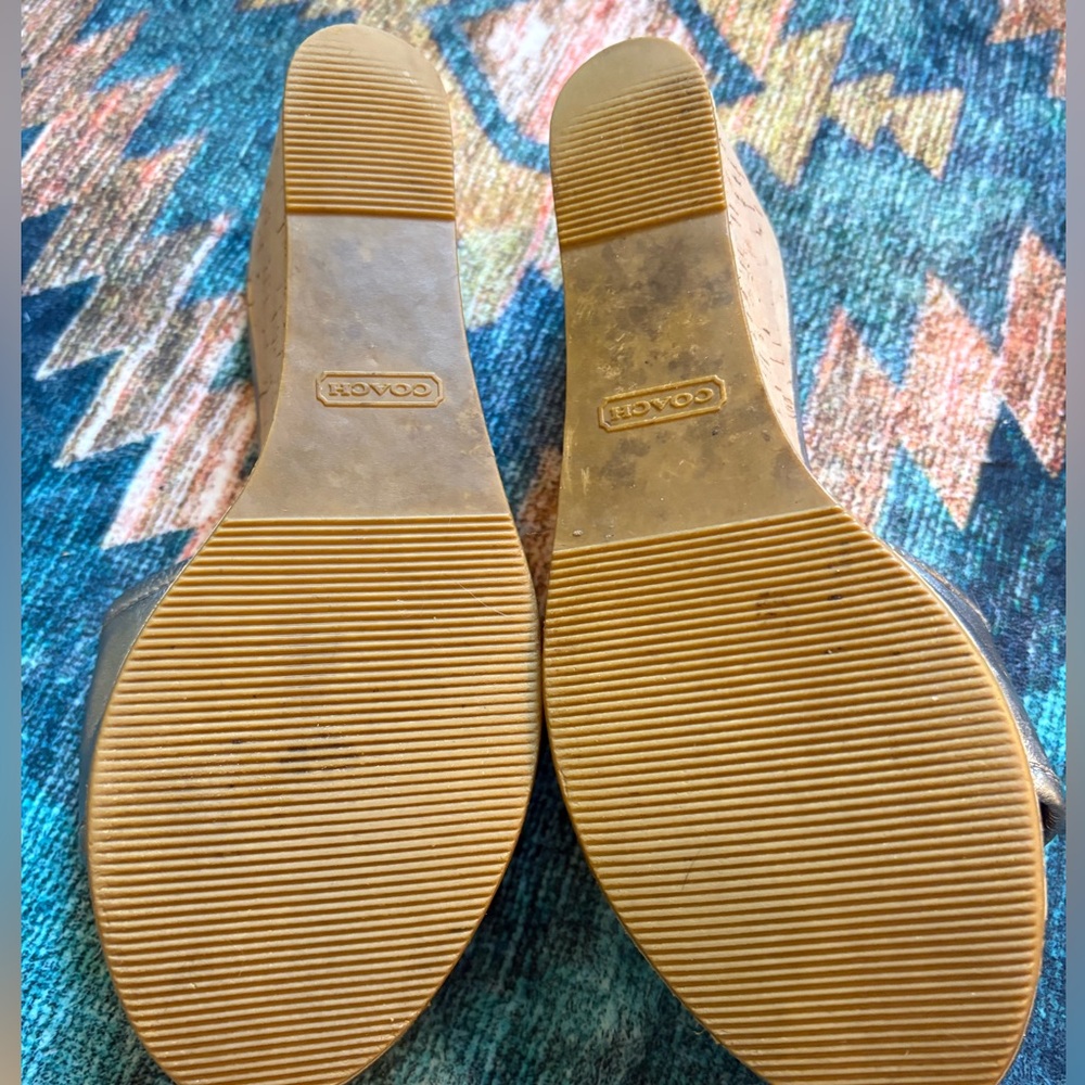 Coach Judith wedge sandals, metallic, cork heel; large signature pendant. - Picture 8 of 15